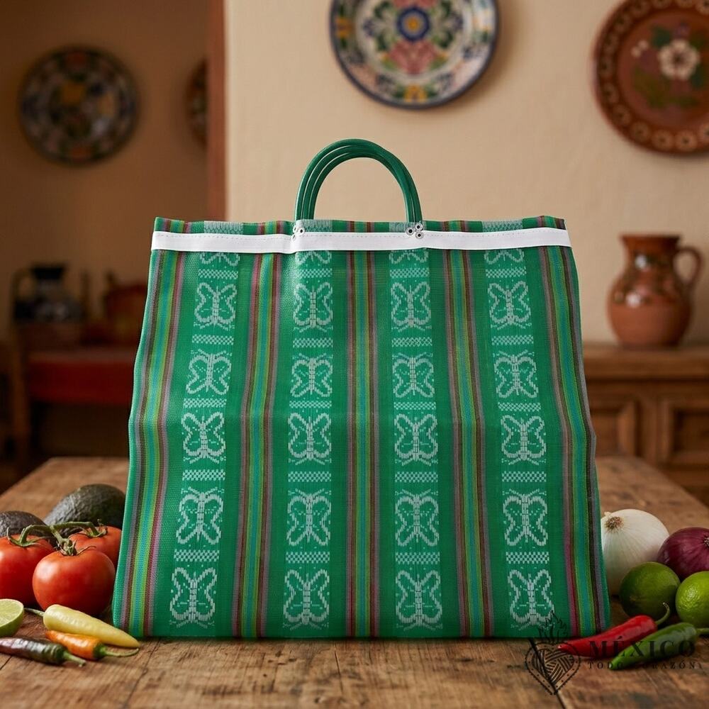 Traditional Mexican Mercado Tote Bag Colorful Reusable Plastic Market Bag